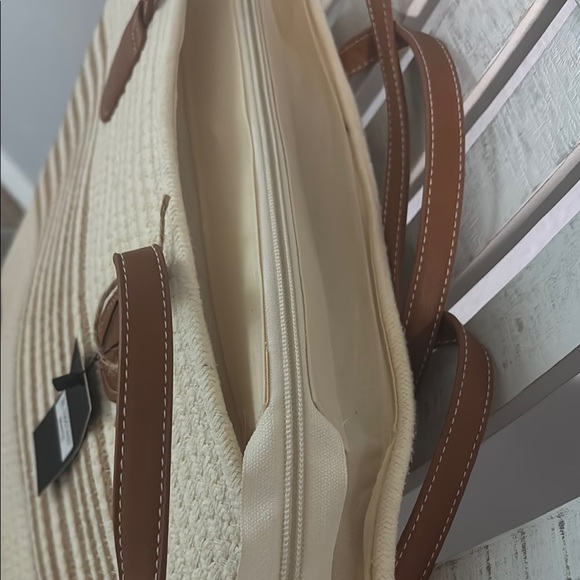 Cream and Brown Striped Tote Bag with Leather Handles - Picture 8 of 8